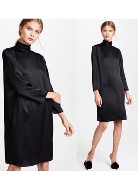 Vince Womens Mock Neck 💯 Silk Mini Dress Size S Black Minimalist Quiet Luxe